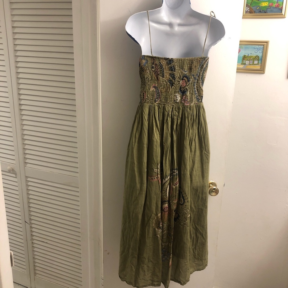 Green paisley floral maxi fairycore dress with beaded strap accent - Picture 3 of 4